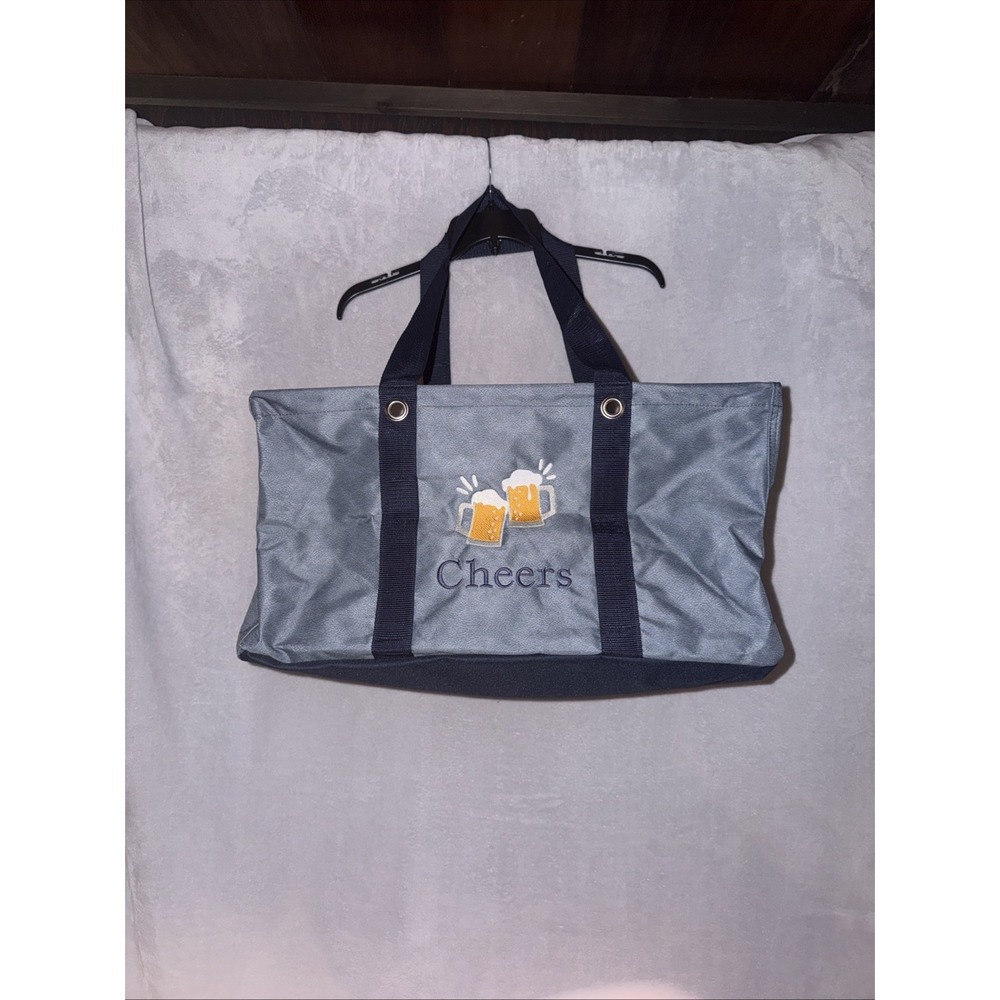 Thirty-One Large Utility Tote Denim Distressed w/ Embroidered Beer Mugs Cheers